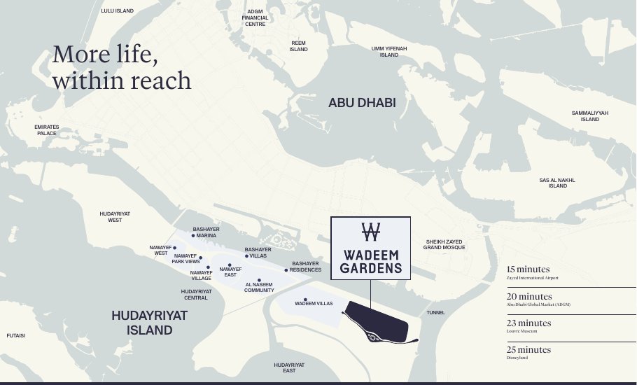 Wadeem Gardens の位置図:フダイリヤット島とアブダビ本島